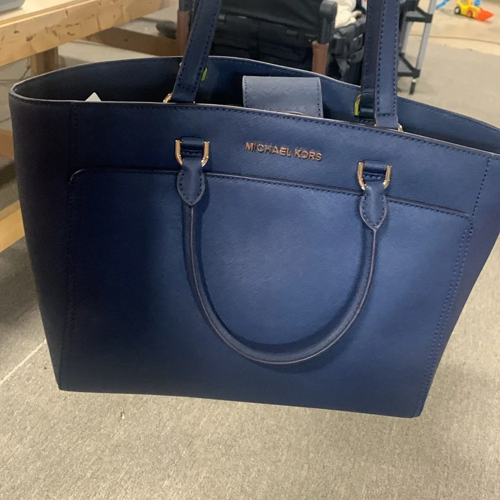 Michael Kors‎ EMMY Large DOUBLE HANDLE TOTE Leather Handbag in Navy 5220 - Picture 7 of 14